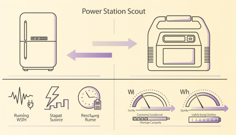 Diagram showing appliance running watts, startup watts and runtime matched to portable power station output and battery capacity.