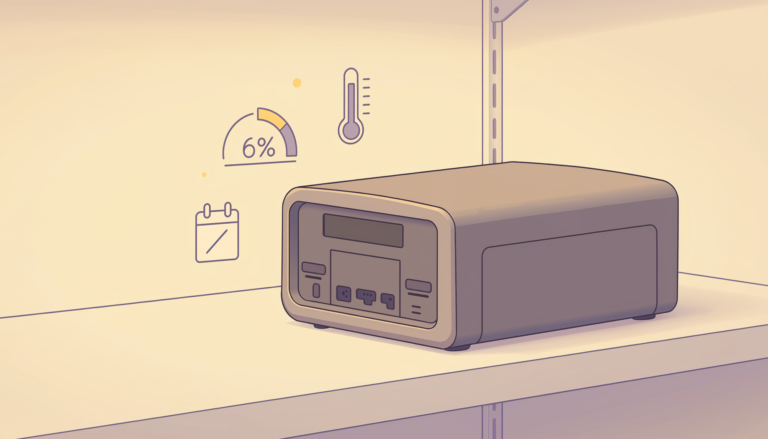 Portable power station stored in a cool dry location with battery charge, temperature and periodic maintenance indicators.