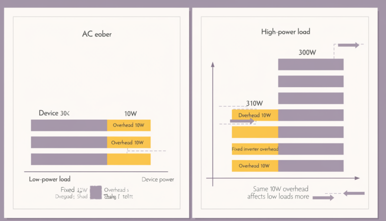 Diagram illustrating how fixed inverter consumption can represent a larger share of energy use with a low-power AC load.