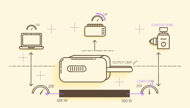 Diagram showing several appliance wattages added together to determine portable power station simultaneous load.