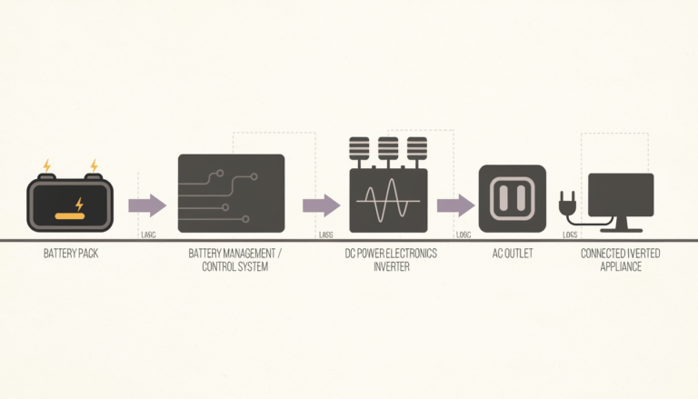 Portable power station energy path from battery through power electronics and inverter to an AC appliance.