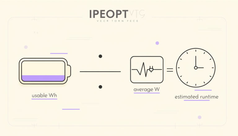 Diagram showing usable watt-hours divided by average watts to estimate portable power station runtime.