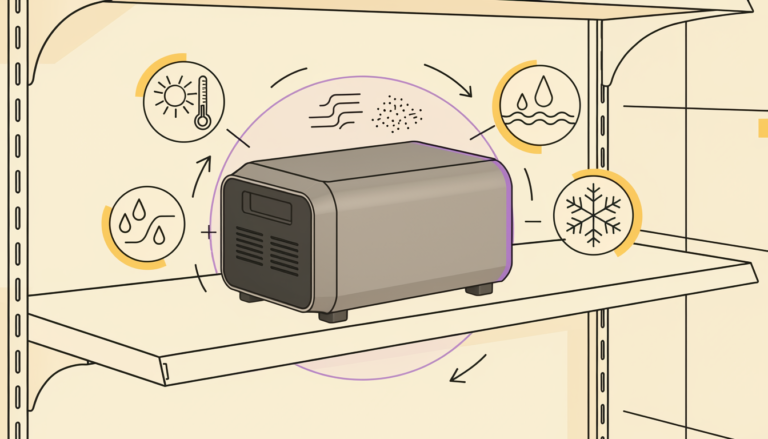 Portable power station stored in a cool dry location away from heat, water, direct sunlight and freezing conditions.