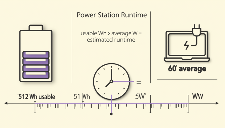 Portable power station runtime calculation using usable battery watt-hours divided by device power consumption.