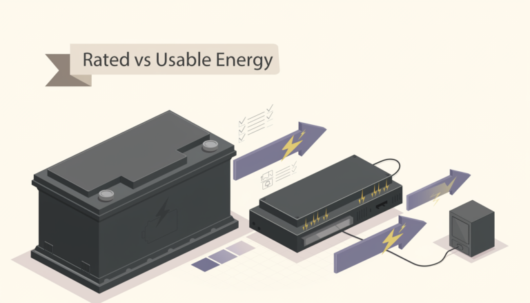 Diagram showing portable power station rated battery capacity passing through system losses before usable energy reaches a connected device.