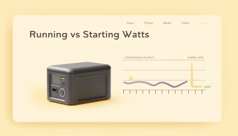 Diagram comparing appliance running watts and startup demand with portable power station continuous and surge output.