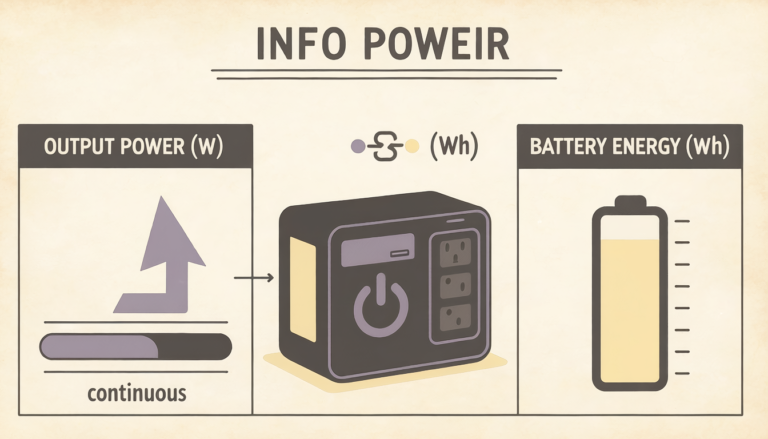 Diagram showing that portable power station surge output and battery capacity in watt-hours are separate specifications.