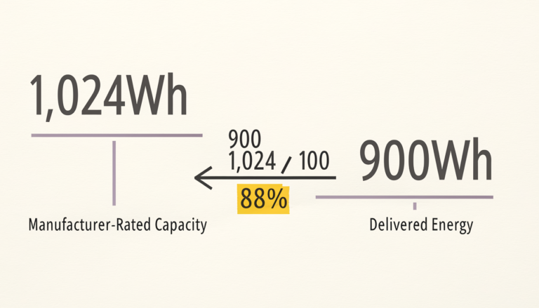 Portable power station usable-capacity calculation comparing measured delivered watt-hours with manufacturer-rated watt-hours.