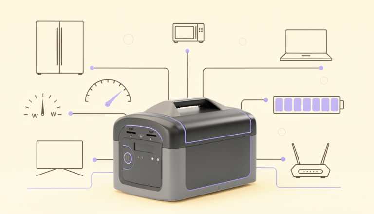 Portable power station connected to common appliances with output watts and battery capacity shown as compatibility requirements.