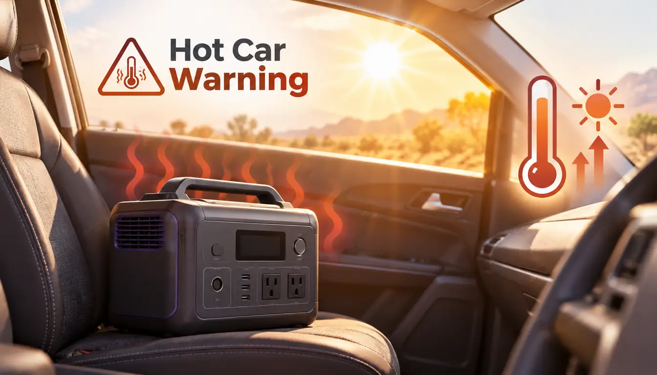 Portable power station inside a parked vehicle showing the risk of excessive heat exposure.
