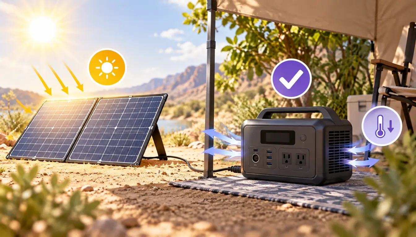 Portable power station kept shaded and ventilated in hot weather while solar panels remain in direct sunlight.