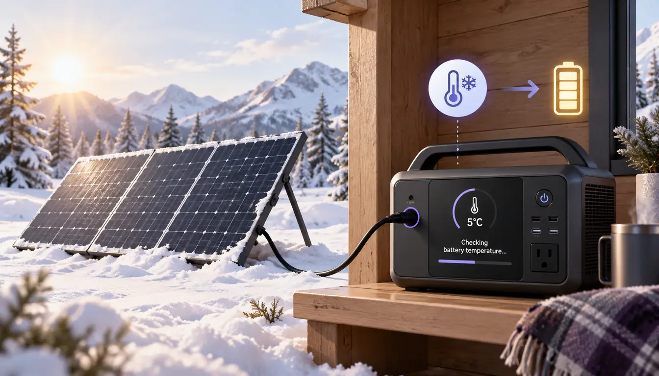 Solar panels producing power in winter while a portable power station checks battery temperature before accepting a charge.